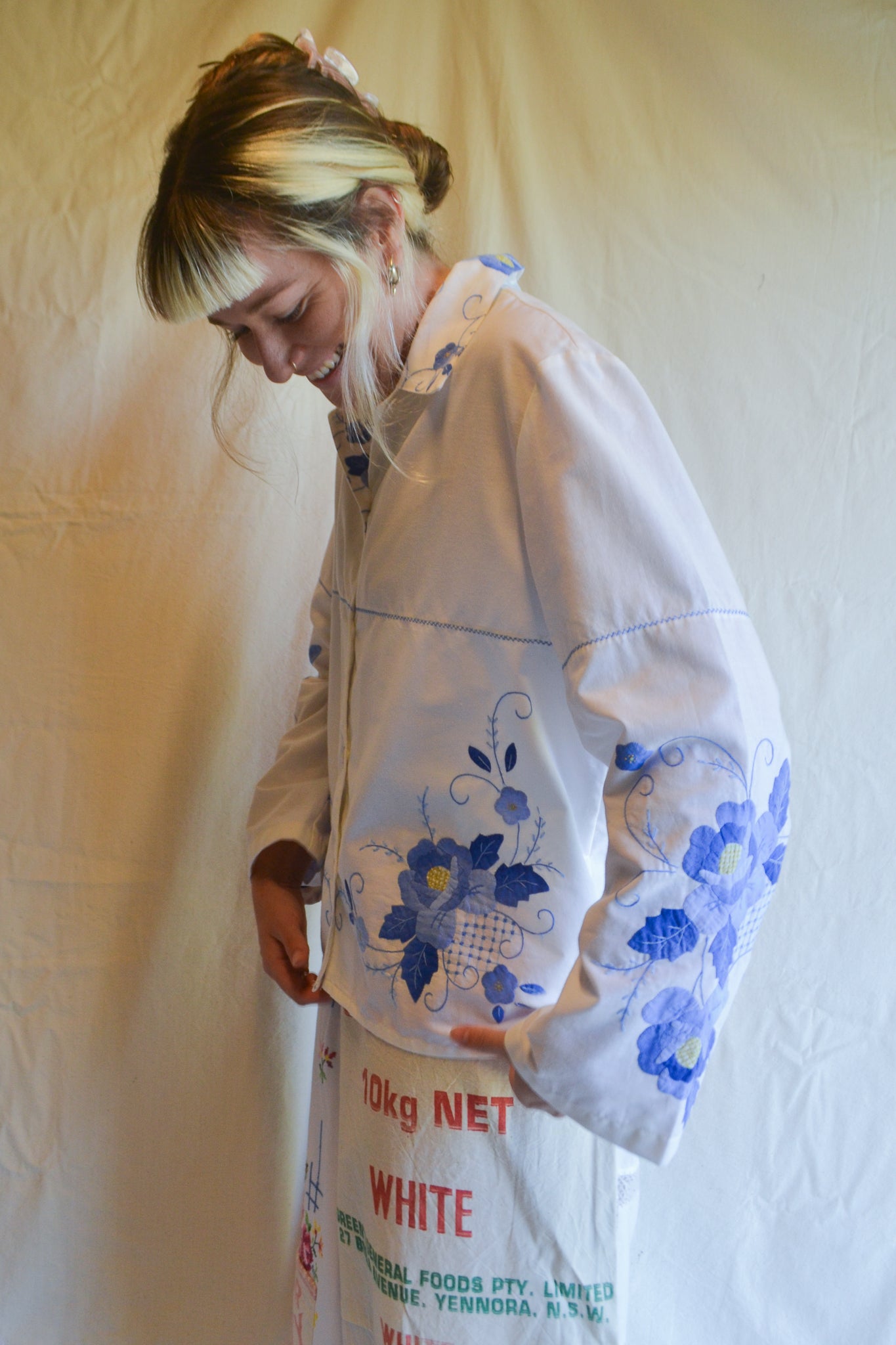 Button Up Shirt | Blue Applique | Large