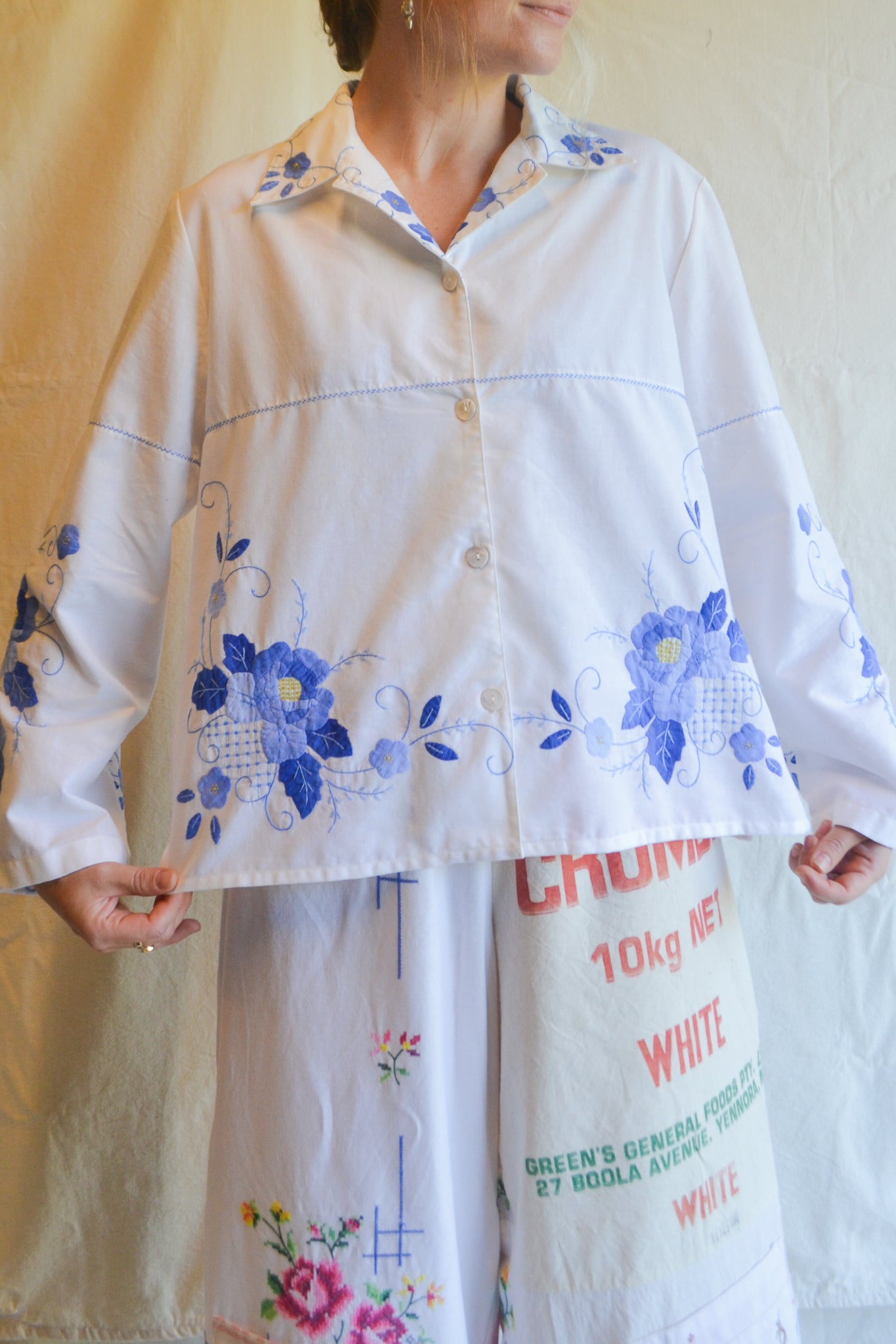 Button Up Shirt | Blue Applique | Large