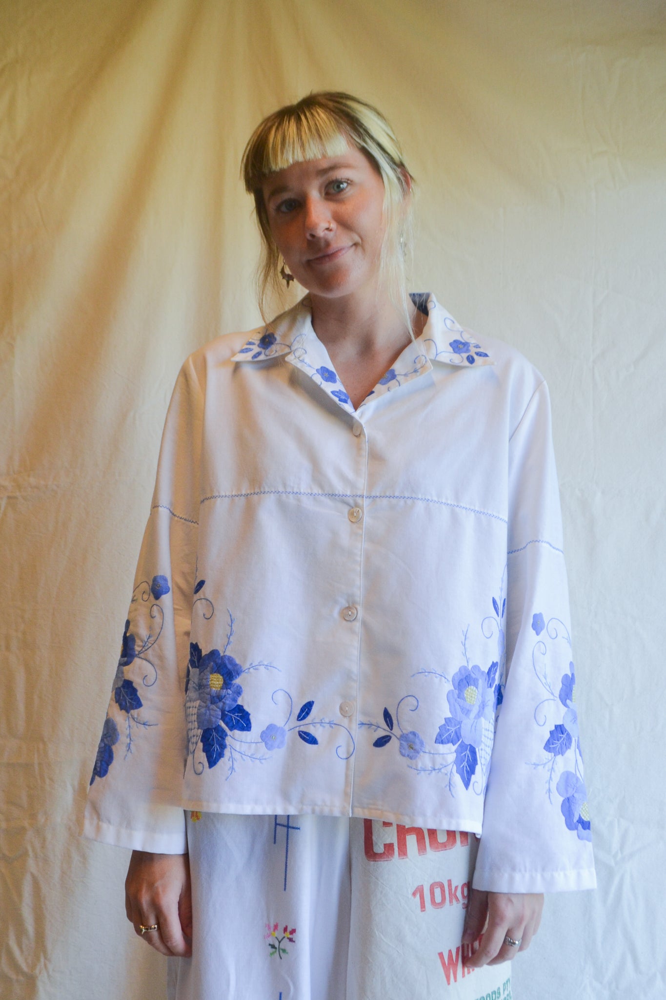 Button Up Shirt | Blue Applique | Large