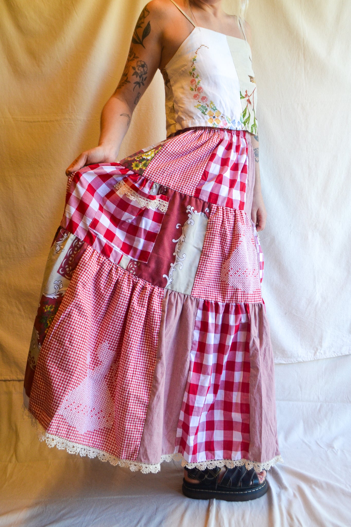 Tiered Patch Work Skirt | Red | Medium