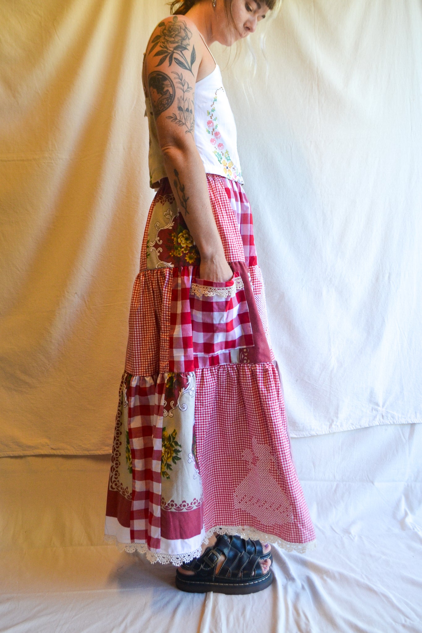 Tiered Patch Work Skirt | Red | Medium