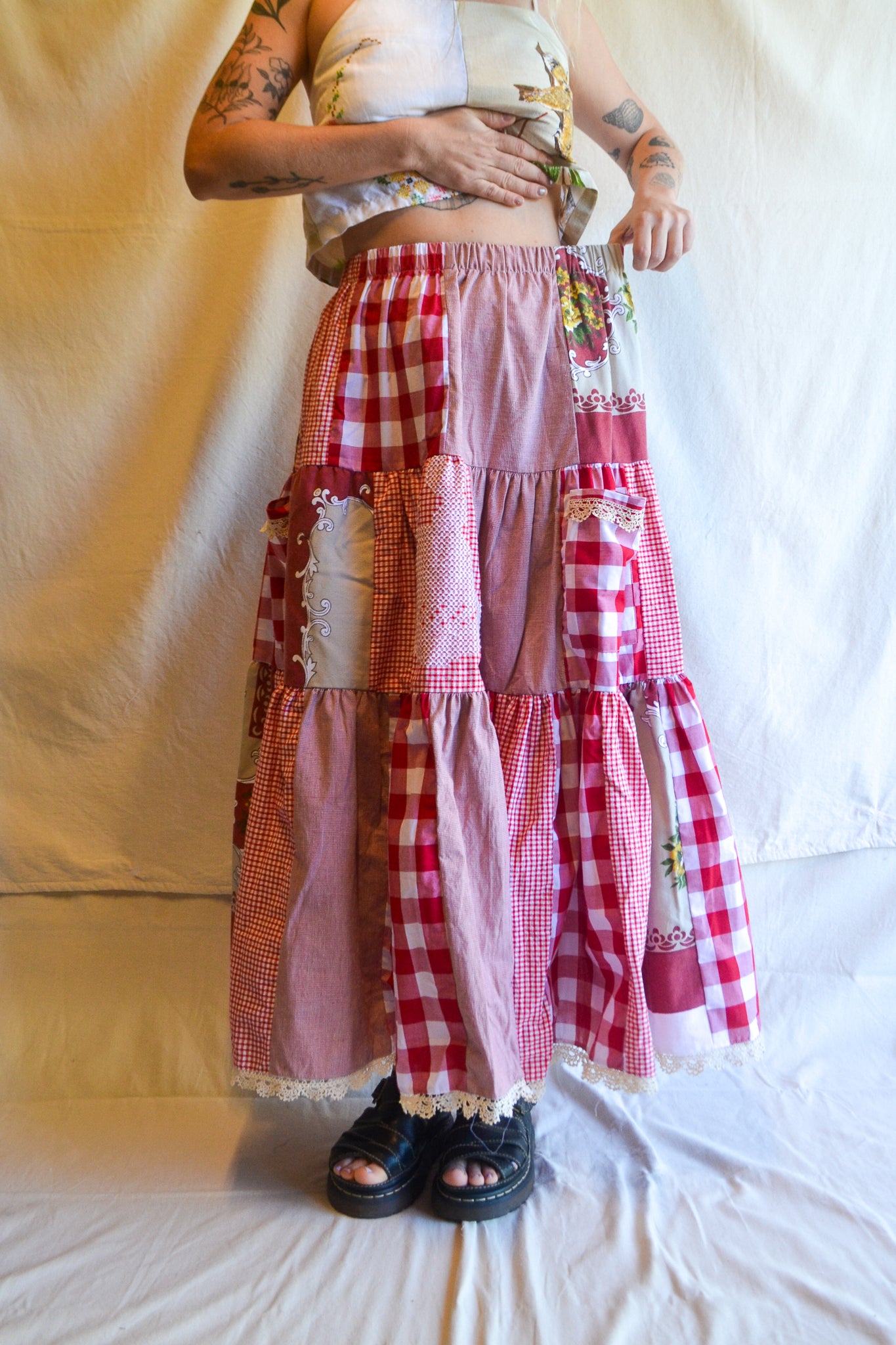 Tiered Patch Work Skirt | Red | Medium