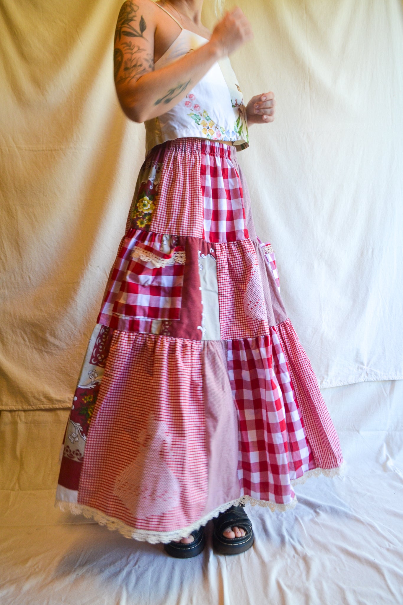 Tiered Patch Work Skirt | Red | Medium