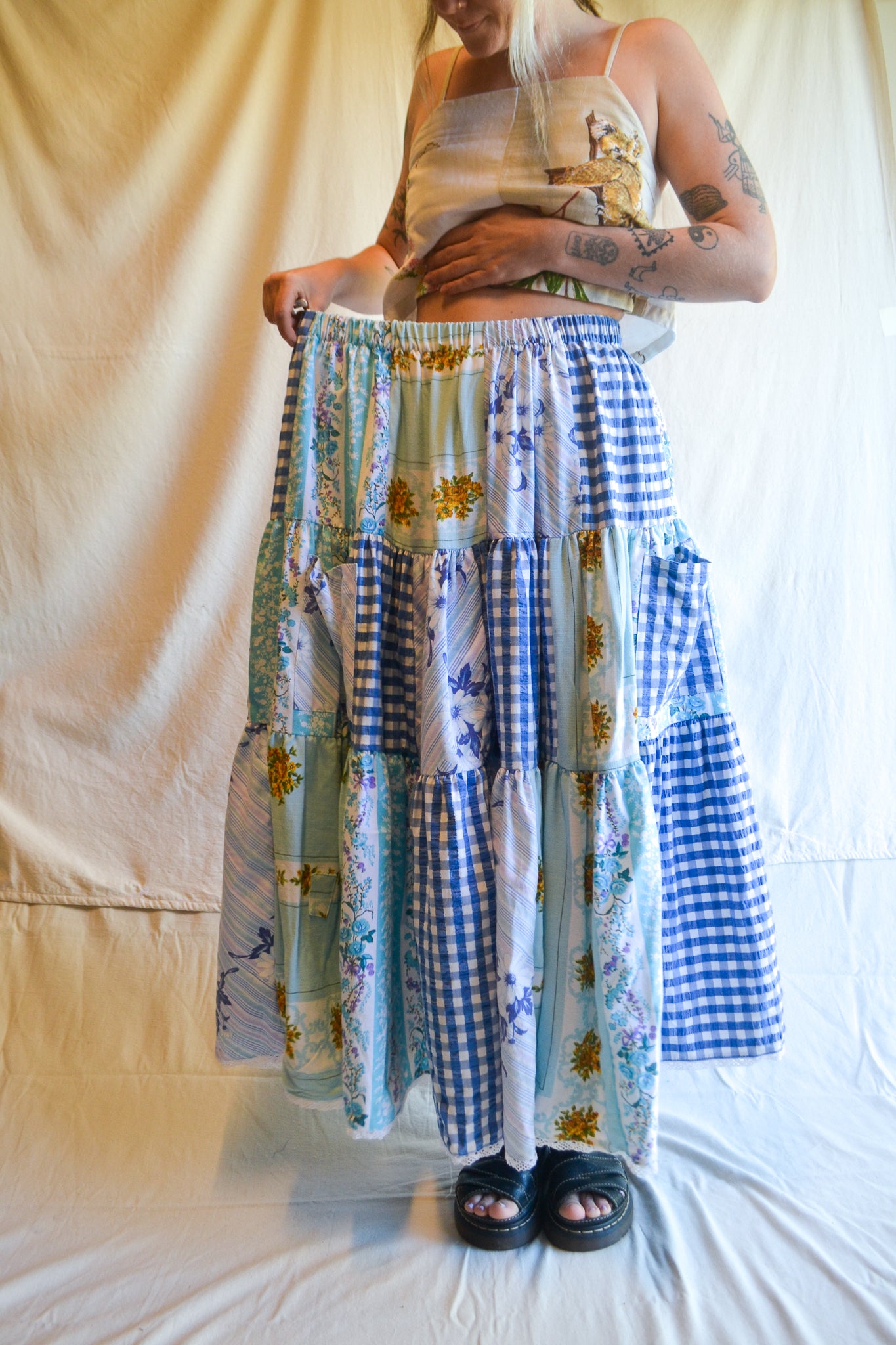 Tiered Patch Work Skirt | Blue | XL