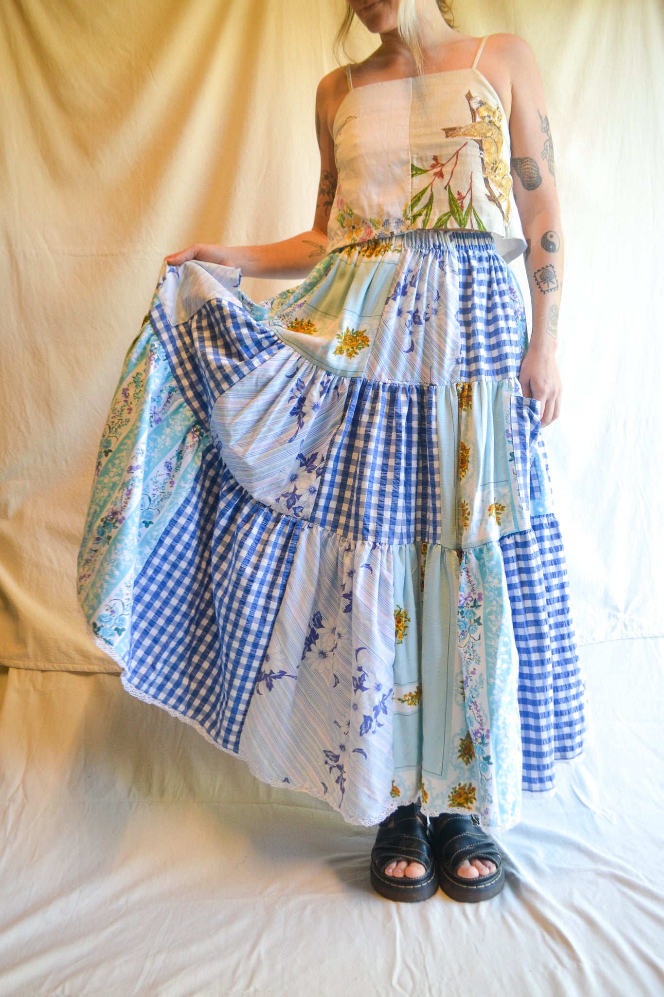Tiered Patch Work Skirt | Blue | XL