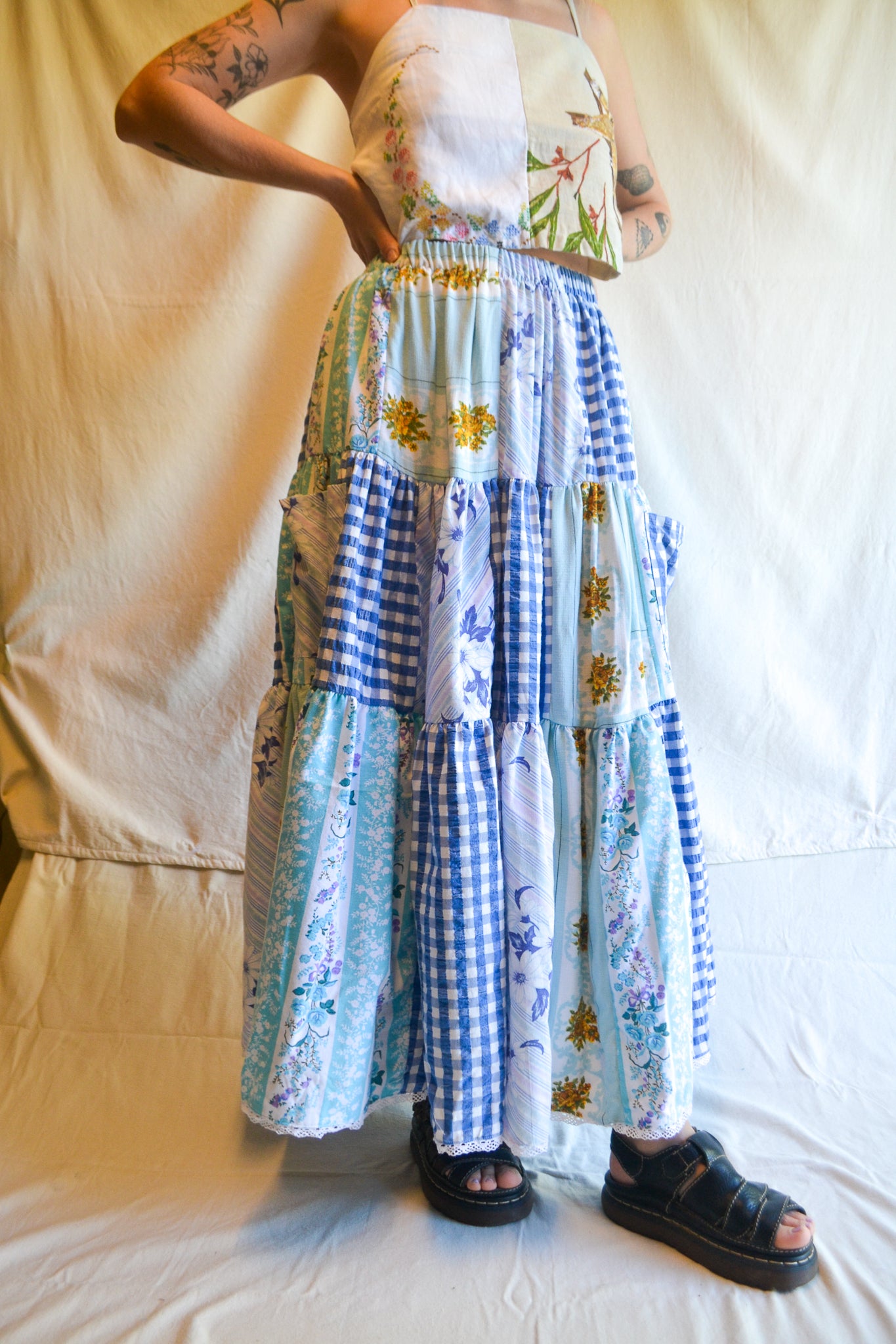 Tiered Patch Work Skirt | Blue | XL