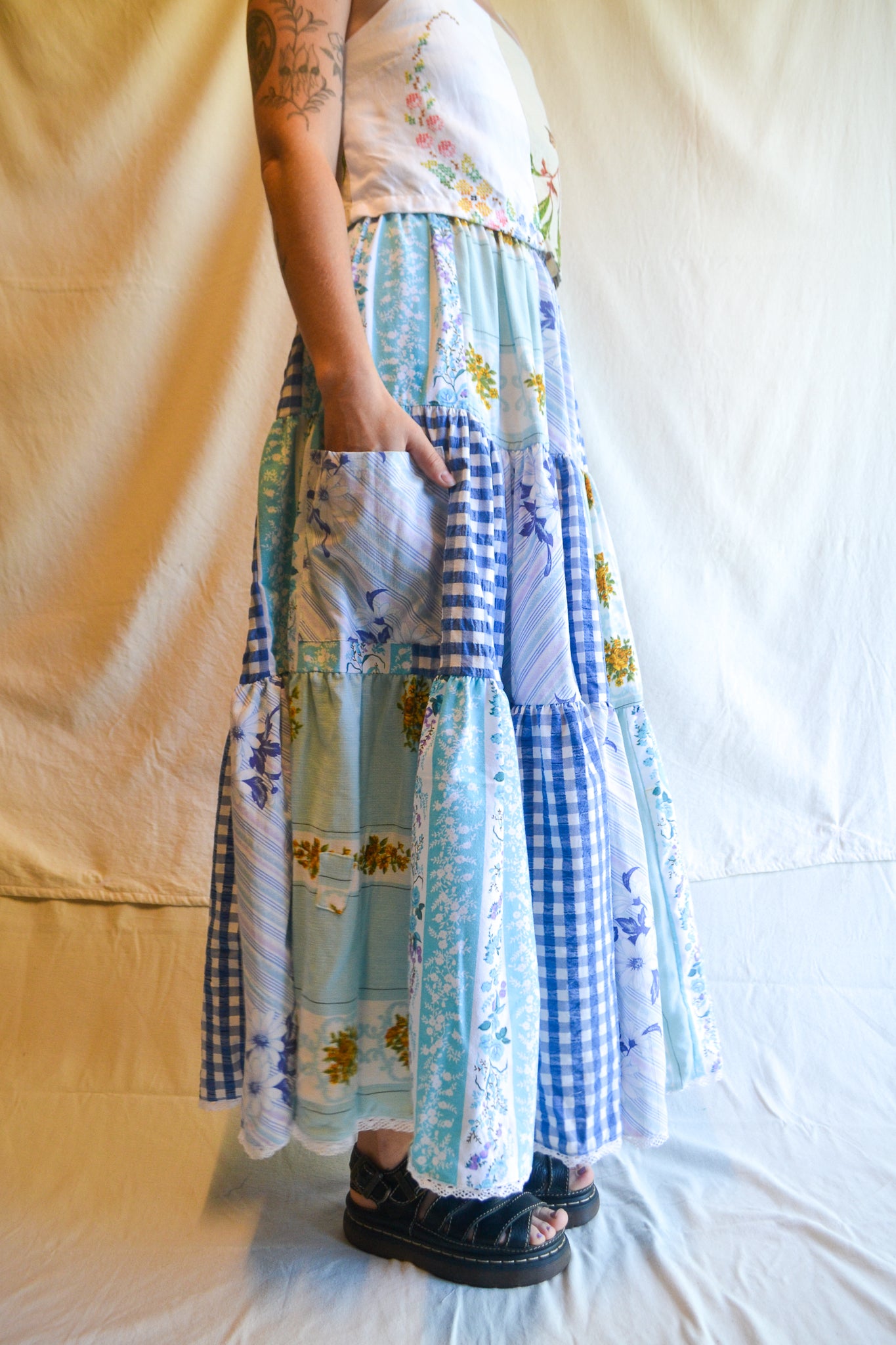Tiered Patch Work Skirt | Blue | XL