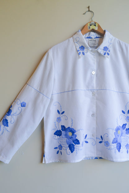 Button Up Shirt | Blue Applique | Large