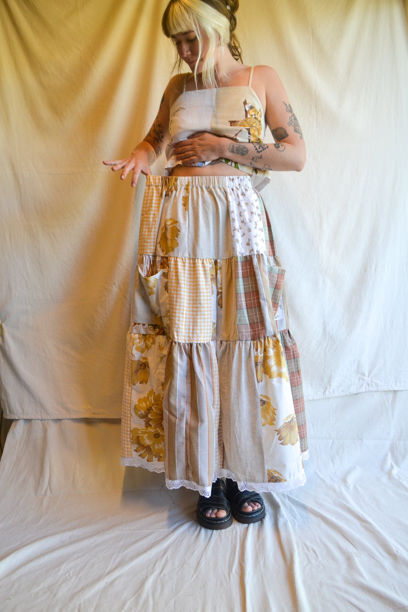 Tiered Patch Work Skirt | Brown | Medium