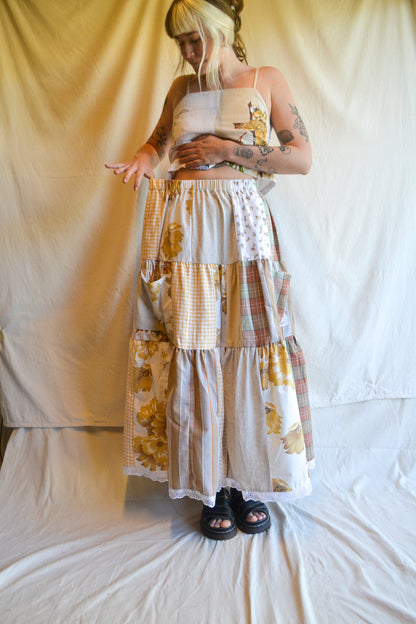 Tiered Patch Work Skirt | Brown | Medium