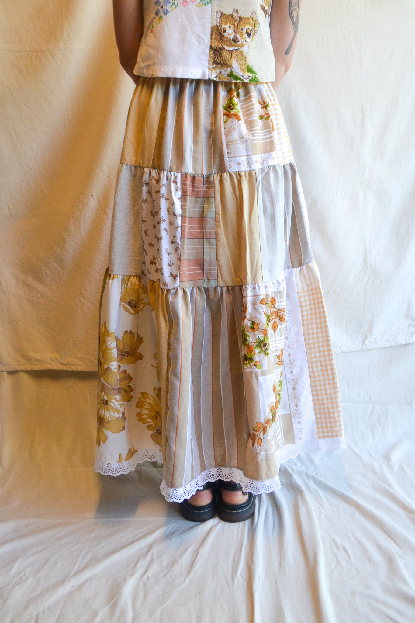 Tiered Patch Work Skirt | Brown | Medium