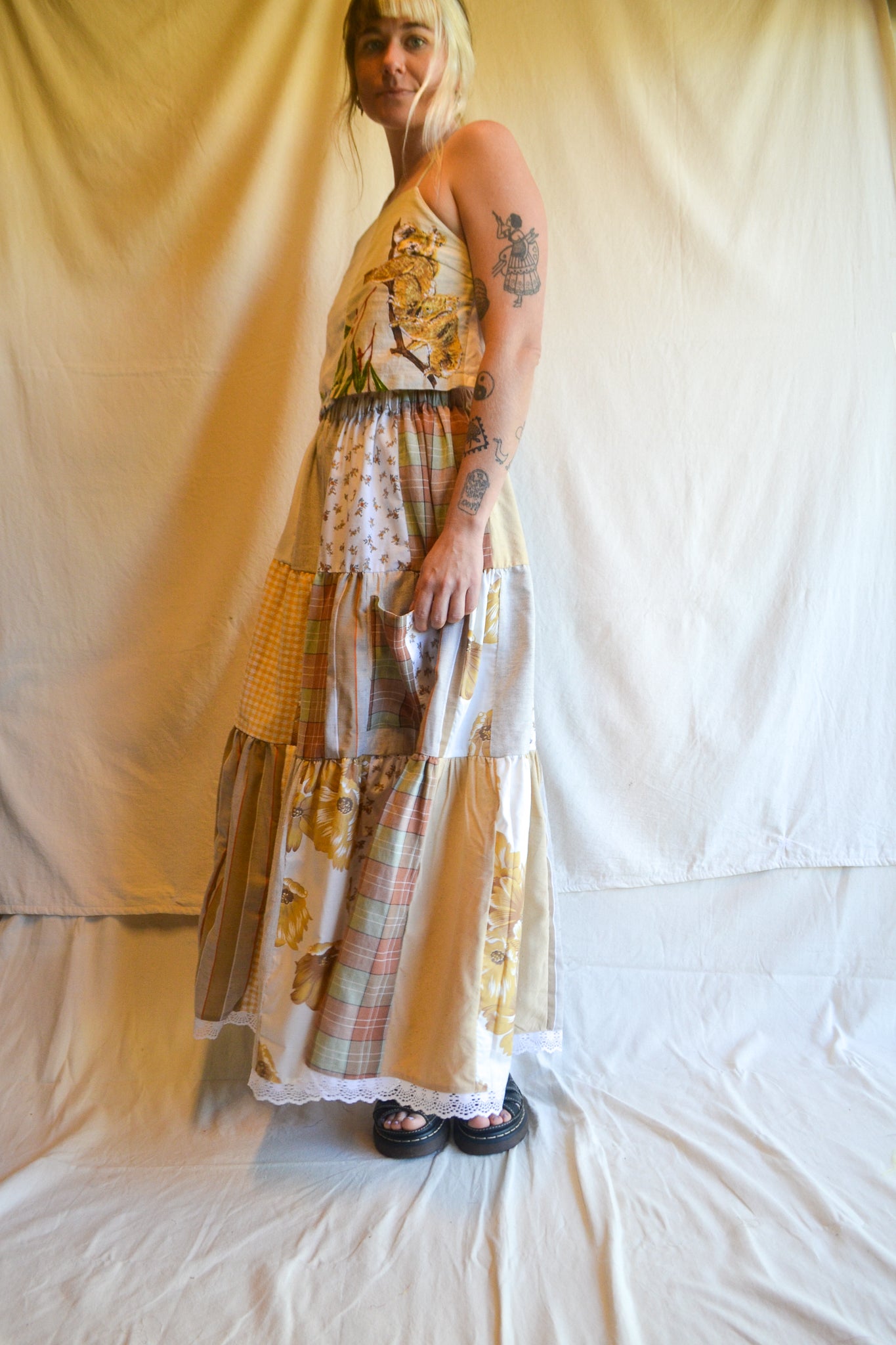 Tiered Patch Work Skirt | Brown | Medium