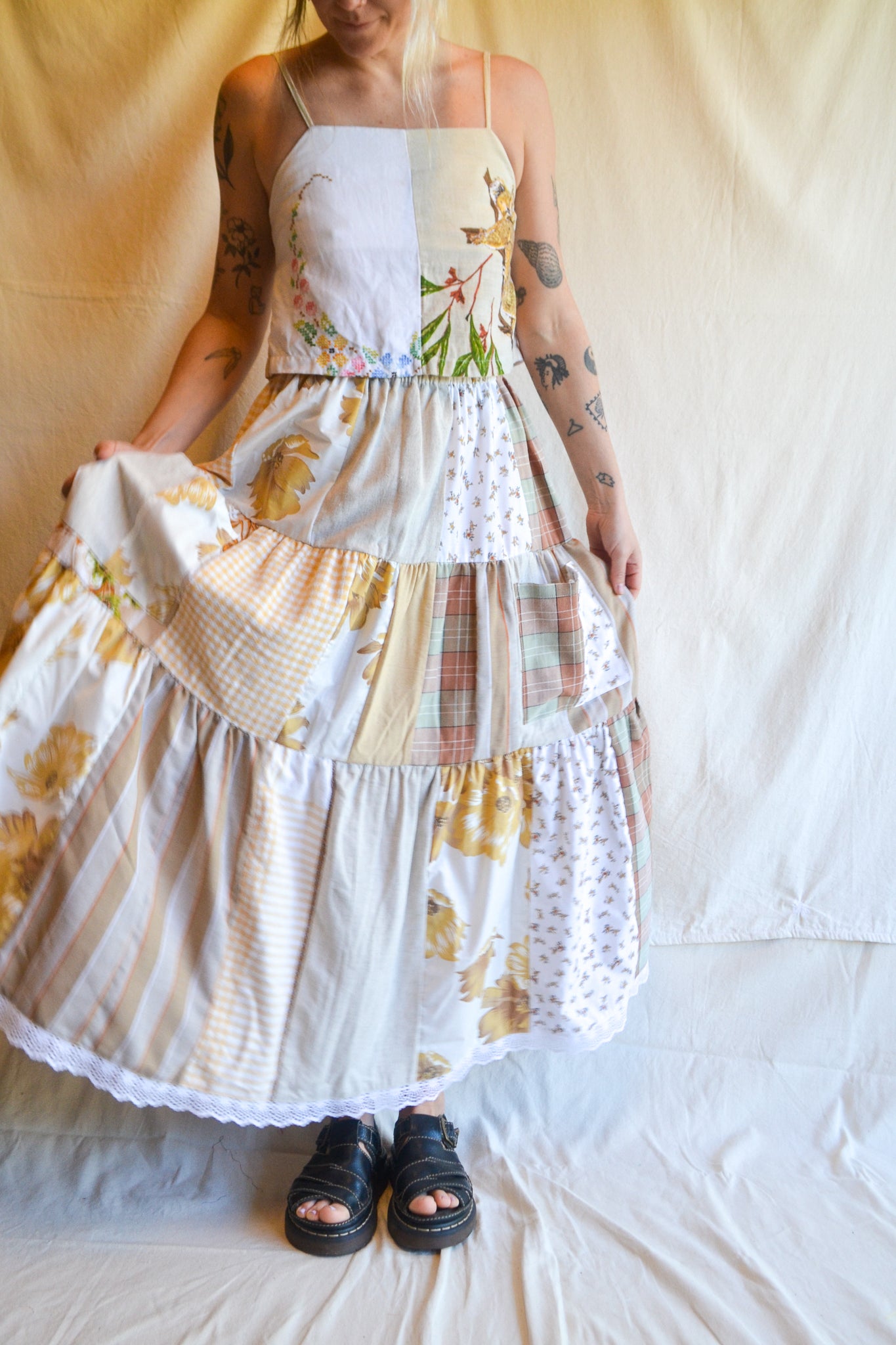 Tiered Patch Work Skirt | Brown | Medium