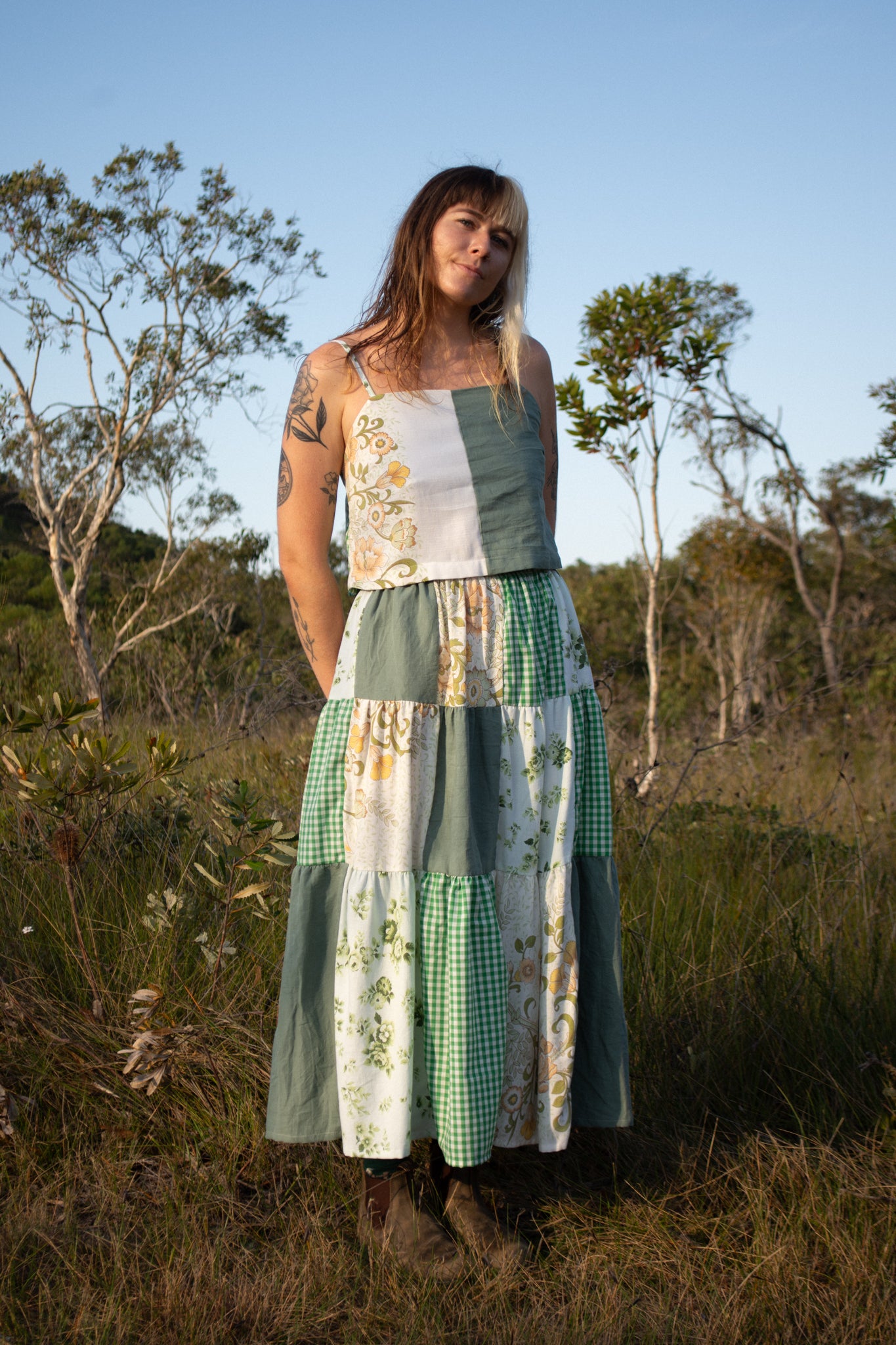 Tiered Patch Work Skirt | Green| Medium