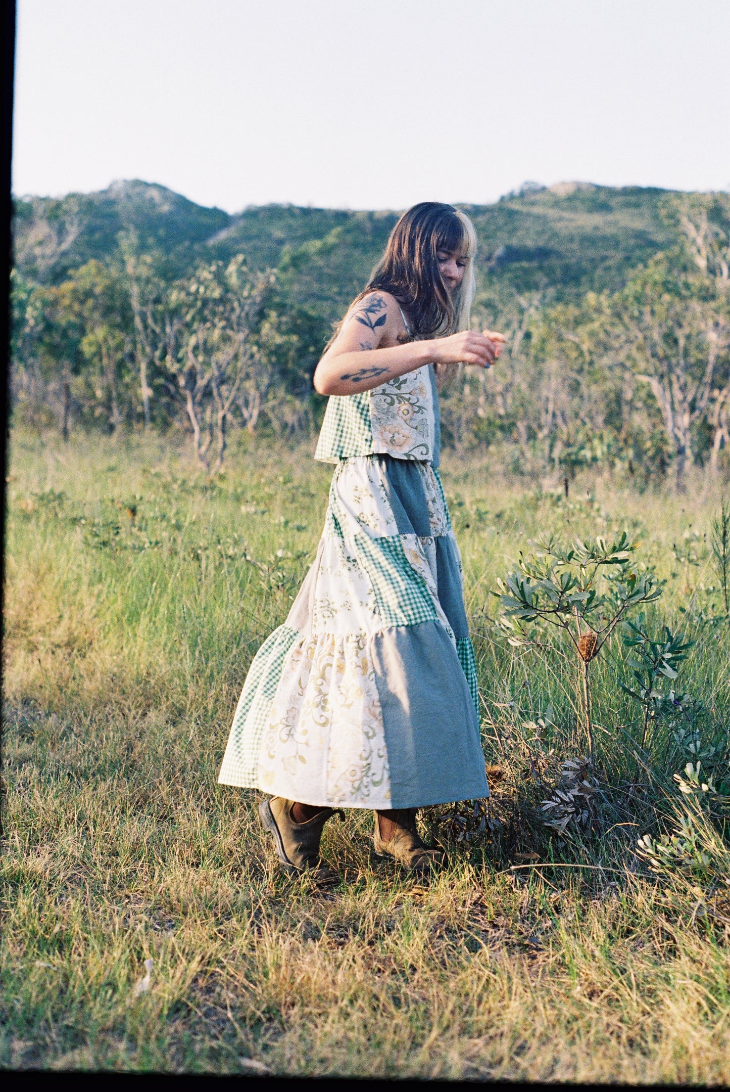 Tiered Patch Work Skirt | Green| Medium